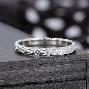 Unique White gold wedding band Delicate Plain gold Filigree ring Antique ring Art deco band wedding ring Promise ring Anniversary ring
