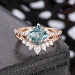 Princess cut Moss Agate engagement ring set Unique Rose gold engagement ring Pear shaped Diamond wedding set Bridal promise Anniversary ring