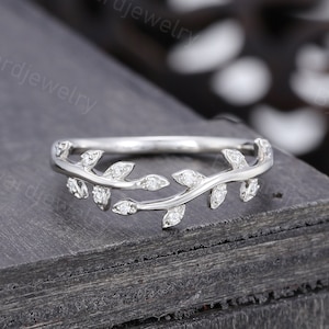 Banda de boda curvada Moissanite única Banda de bodas de oro blanco vintage mujer Anillo de hoja Anillo de diamantes a juego Anillo de aniversario de promesa
