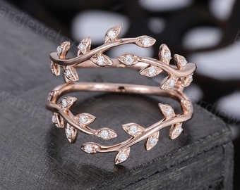 Unique Leaf Moissanite Curved Wedding band Vintage Twig band Rose gold double band Diamond Matching ring Promise ring Anniversary ring