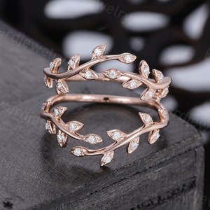 Unique Leaf Moissanite Curved Wedding band Vintage Twig band Rose gold double band Diamond Matching ring Promise ring Anniversary ring