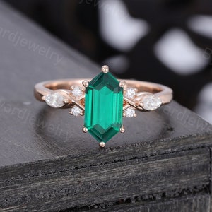 Elongated Hexagon cut Emerald engagement ring Unique Rose gold Marquise cut Moissanite ring Art deco Diamond ring Bridal Anniversary ring