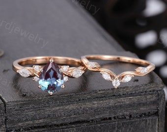 Pear shaped Alexandrite engagement ring set Unique Rose gold Diamond ring Marquise Moissanite ring Bridal set Promise ring Anniversary ring