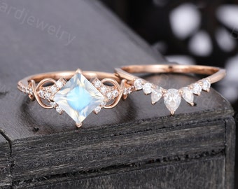 Princess cut Moonstone engagement ring set Unique Rose gold engagement ring woman Pear shaped wedding set Bridal promise Anniversary ring