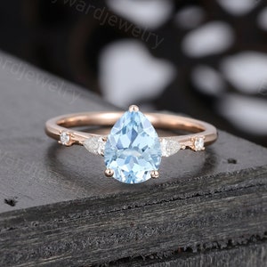 Birnenförmige Aquamarin- Verlobungsring Einzigartige Rosegold Moissanitring Diamantring Brautring Ehering Versprechen Jahrestagring