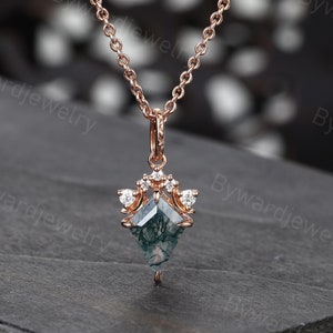 Vintage Kite cut Moss Agate Pendant rose gold necklace Unique Moissanite Pendant Delicate Diamond Moon Pendant Art deco Woman Holiday gifts
