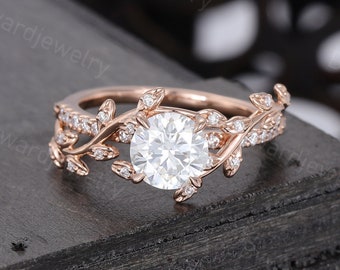 Unique Leaf Moissanite engagement ring Vintage Rose gold engagement ring woman Diamond ring wedding Bridal Promise Anniversary ring