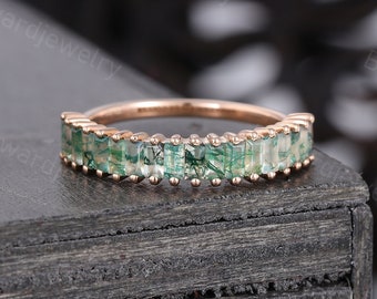 Vintage Baguette Moss Agate Wedding band Unique 14k Rose gold wedding band woman Half eternity Matching Promise Anniversary ring for her