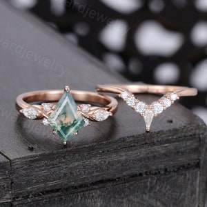 Conjunto de anéis de noivado em ágata musgo lapidada em forma de pipa Anel em ouro rosa Anel exclusivo em moissanita marquise Anel de diamante Conjunto para noivas Anel de compromisso Presente de aniversário