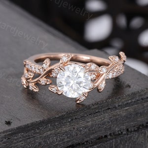 Unique Leaf Moissanite engagement ring Vintage Rose gold engagement ring woman Diamond ring wedding Bridal Promise Anniversary ring