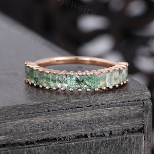Vintage Baguette Moss Agate Wedding band Unique 14k Rose gold wedding band woman Half eternity Matching Promise Anniversary ring for her