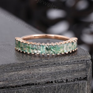 Vintage Baguette Moss Agate Wedding band Unique Rose gold wedding band woman Half eternity band Matching ring Promise ring Anniversary ring