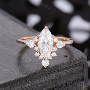 Unique Marquise Moissanite engagement ring Vintage rose gold ring Art deco dainty bridal ring wedding promise anniversary ring gift for her