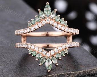 Marquise cut Moss agate Double Wedding band Unique Rose gold Moissanite ring Matching ring Stackable ring Promise ring Anniversary ring