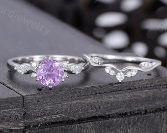 Vintage Amethyst engagement ring set Unique White gold engagement ring Curved Moissanite Diamond ring Bridal set Promise Anniversary ring