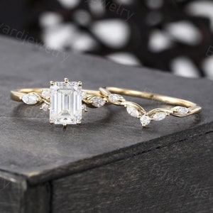 Emerald cut Moissanite engagement ring set Unique Marquise Diamond ring Yellow gold ring wedding set Bridal ring Promise Anniversary ring