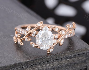 Pear Shaped Moissanite engagement ring Unique Leaf Rose gold engagement ring woman Diamond ring wedding Bridal Promise Anniversary ring