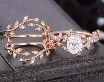 Oval geschnittener Lab Diamond Leaf Verlobungsring Set Roségold Zweig Moissanit Ring Doppelband Frau Hochzeit Brautring Versprechen Jubiläumsring