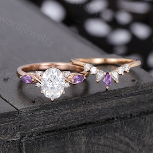 Oval cut Moissanite engagement ring set Unique Rose gold Marquise cut Amethyst wedding band diamond ring set Bridal promise Anniversary ring