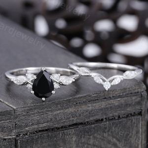 Pear shaped Black Onyx engagement ring set Unique White gold Marquise Moissanite ring Diamond Bridal set Promise ring Anniversary gift