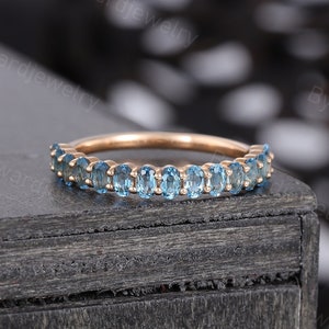 Oval cut London Blue topaz Wedding band Unique Rose gold wedding band woman Half eternity Matching Stacking ring Promise Anniversary ring