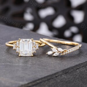 Emerald cut Moissanite engagement ring set Unique Yellow gold ring Marquise diamond Baguette ring set Bridal ring Vintage Anniversary ring