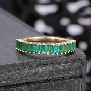 Baguette cut Emerald Wedding band Unique Yellow gold wedding band woman Half eternity Vintage ring Promise ring Anniversary ring for women