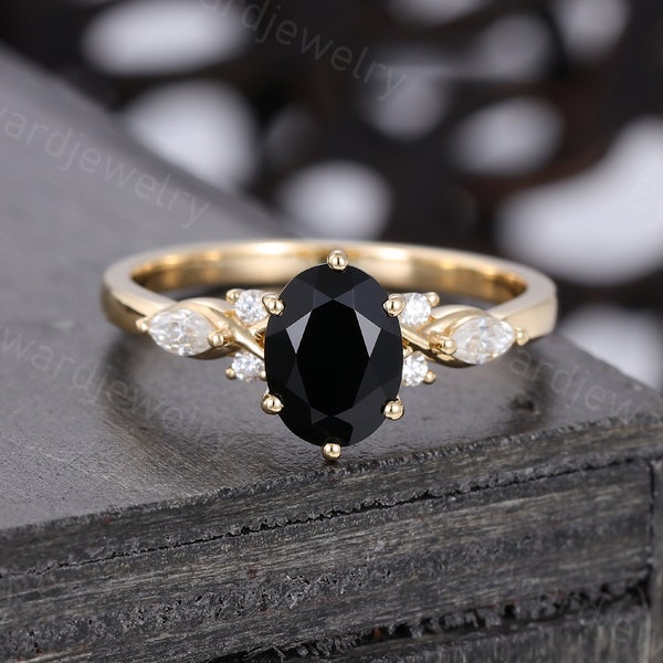 Oval cut Black onyx engagement ring Unique Yellow gold engagement ring woman Antique Diamond wedding ring Bridal Promise Anniversary ring