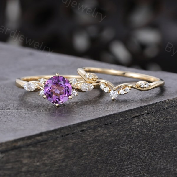 Vintage Amethyst engagement ring set Unique Yellow gold ring Curved Marquise cut Moissanite Diamond ring Bridal set Promise Anniversary ring