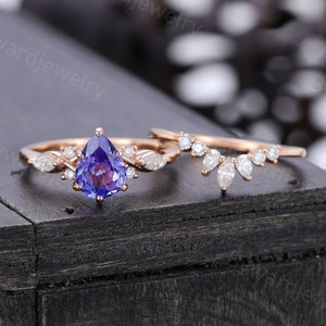 Pear shaped Tanzanite engagement ring set Unique Rose gold engagement ring Marquise Moissanite wedding Bridal set Promise Anniversary gift