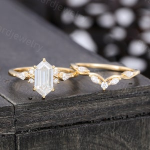 Elongated Hexagon Moissanite engagement ring set Unique Kite cut Diamond wedding ring Yellow gold Bridal ring Promise ring Anniversary ring