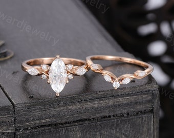 Delicate Marquise cut Moissanite engagement ring set Unique Diamond ring Rose gold ring set Bridal ring Promise ring Anniversary ring