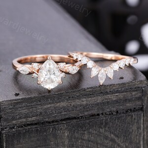 Pear shaped Moissanite engagement ring set Unique Rose gold engagement ring Marquise cut wedding Bridal set Promise Anniversary gift for her