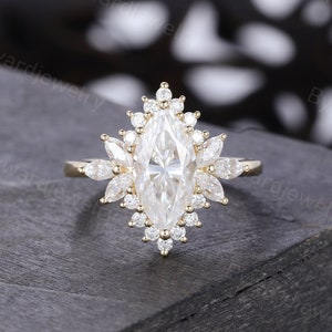 Marquise cut Moissanite engagement ring Unique Yellow gold ring vintage Cluster ring Art deco ring wedding Bridal Promise Anniversary ring