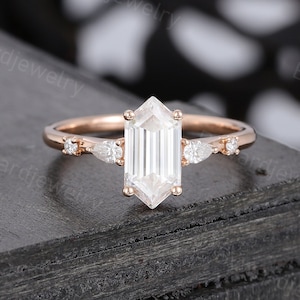 Elongated Hexagon cut Moissanite engagement ring Unique Rose gold Pear shaped Moissanite ring Diamond Bridal ring Promise Anniversary ring