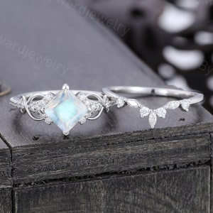 Princess cut Moonstone engagement ring set Unique White gold engagement ring Marquise cut wedding band Bridal ring Promise Anniversary ring