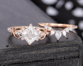Princess cut Moissanite engagement ring set Unique Rose gold engagement ring woman Pear shaped wedding set Bridal promise Anniversary gift
