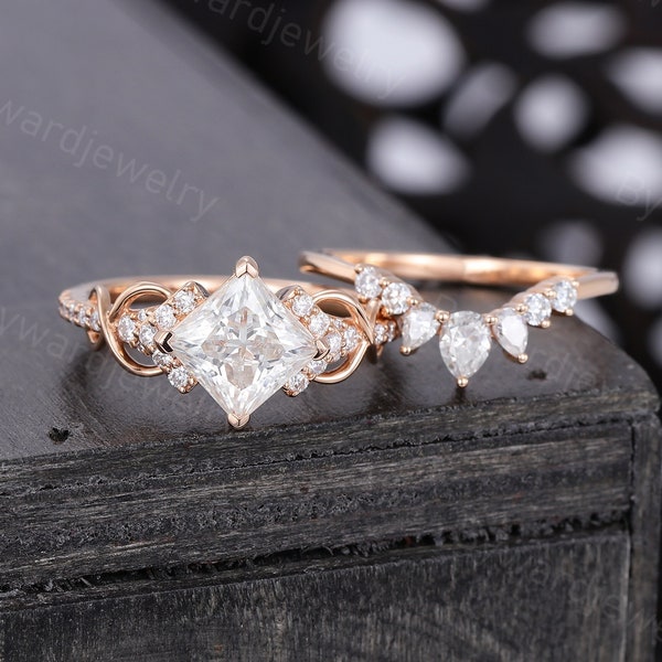 Princess cut Moissanite engagement ring set Unique Rose gold engagement ring woman Pear shaped wedding set Bridal promise Anniversary gift