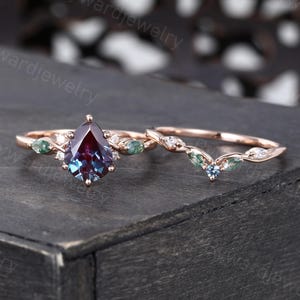 Pear cut Alexandrite engagement ring set Unique Rose gold Diamond ring Marquise Moss agate wedding ring set Promise ring Anniversary ring