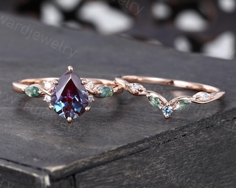 Pear cut Alexandrite engagement ring set Unique Rose gold Diamond ring Marquise Moss agate wedding ring set Promise ring Anniversary ring