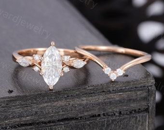 Marquise cut Moissanite engagement ring set Unique Rose gold ring Diamond ring set Vintage Bridal ring promise ring set Anniversary ring
