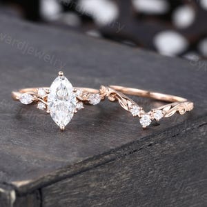 Marquise cut Lab Grown Diamond engagement ring set Unique Rose gold ring Diamond ring leaf band Bridal set promise ring Anniversary ring