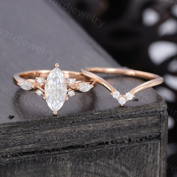 Marquise cut Moissanite engagement ring set Unique Rose gold engagement ring Marquise diamond ring set Bridal promise Anniversary ring