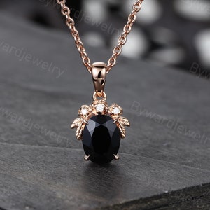 Vintage Oval geschnitten Schwarzer Onyx Anhänger Roségold Halskette Einzigartiger Diamant Anhänger Zarte Blatt Anhänger Art-Deco-Halskette Weihnachtsgeschenke für sie