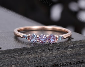 Hexagon Alexandrite Wedding band Vintage Unique Rose gold Marquise cut wedding band woman band Matching Promise Anniversary ring for her