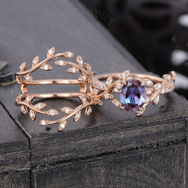 Oval cut Alexandrite engagement ring set Rose gold Moissanite ring leaf ring Diamond ring Double band Bridal ring Promise Anniversary ring