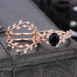 Leaf Oval cut Black Onyx engagement ring set 14k rose gold Twig Moissanite ring woman wedding Diamond Bridal ring Promise Anniversary ring