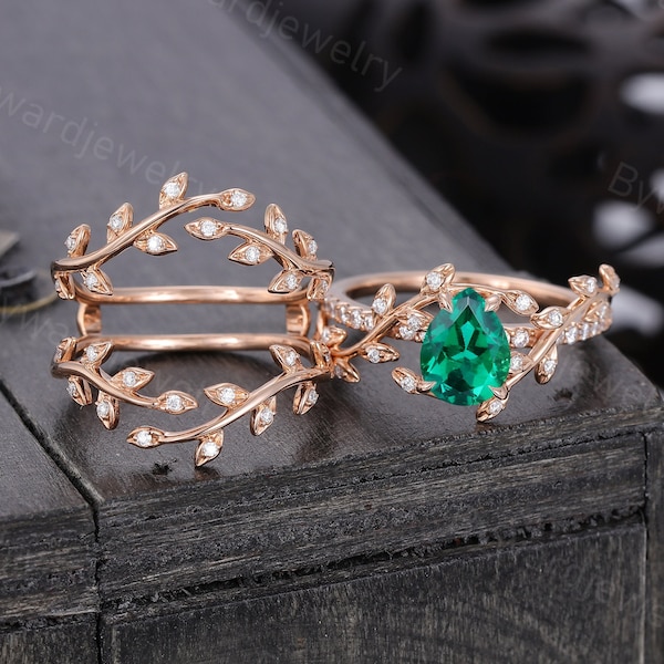 Pear shaped Emerald engagement ring set 14k rose gold Moissanite ring Leaf ring wedding Diamond Bridal ring Promise Anniversary ring