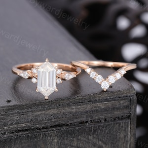 Elongated Hexagon cut Moissanite engagement ring set Unique Kite shaped Rose gold wedding band Bridal ring Promise Anniversary ring for her