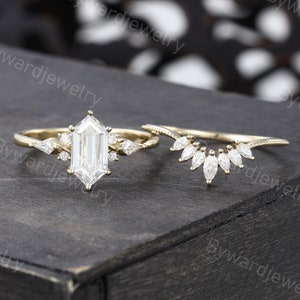 Elongated Hexagon Moissanite engagement ring set Unique Marquise Yellow gold Kite cut Diamond ring Bridal ring Promise Anniversary ring